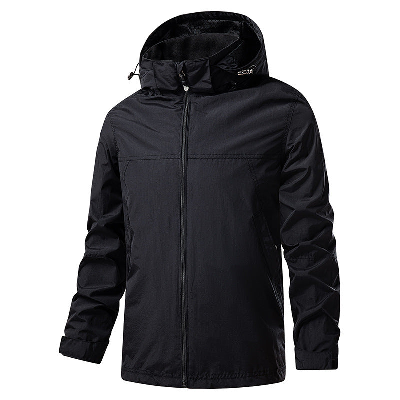 Męski lekki packable rain i wiatr kurtka z regulowany kaptur i microfleece kołnierz