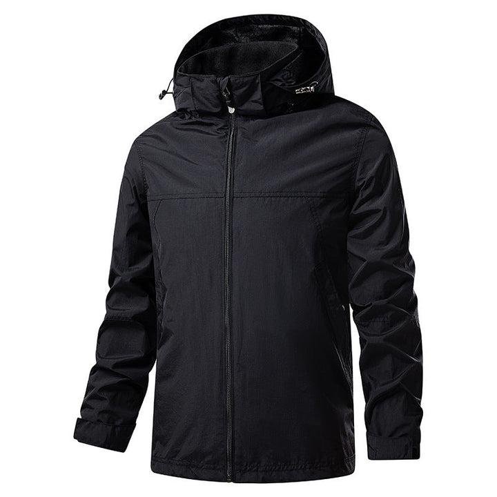 Męski lekki packable rain i wiatr kurtka z regulowany kaptur i microfleece kołnierz