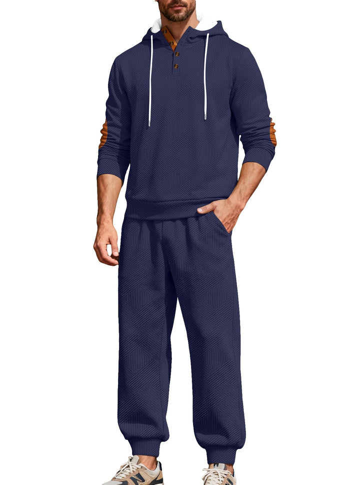 Męska textured bluza z kapturem jogging set z Henley Listwa guzikowa i kontrastowy elbow patches