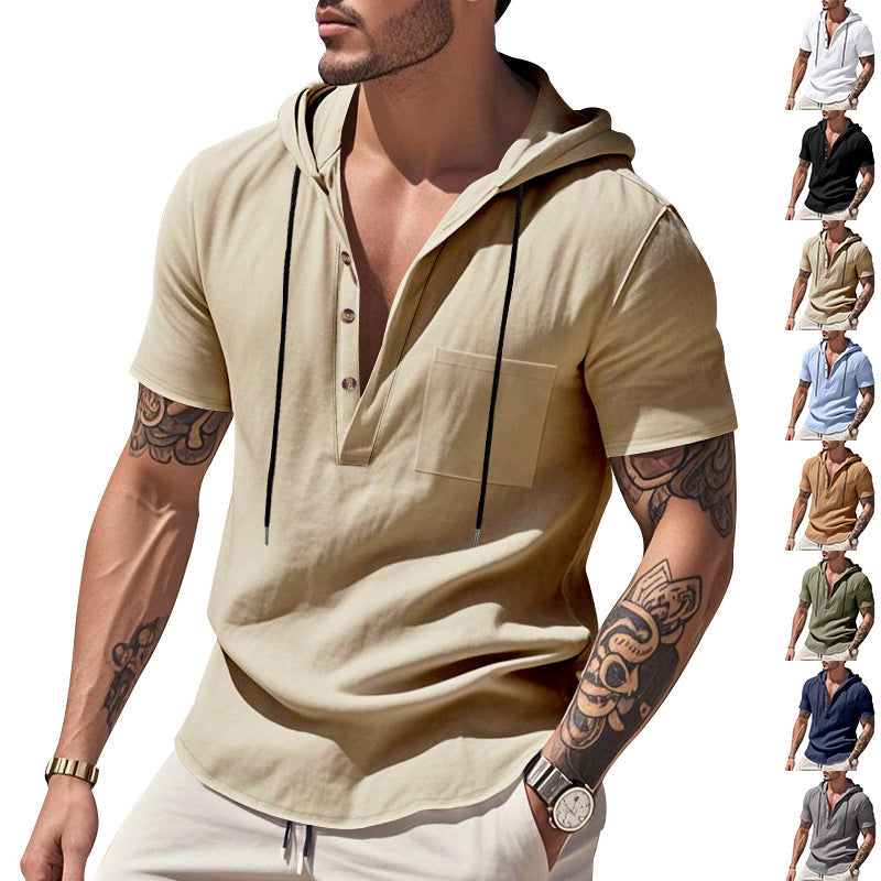 Męska Lekka krótka-sleeve z kapturem Henley wykonana z single jersey z klatka piersiowa kieszeń i kontrastowy ściągacz