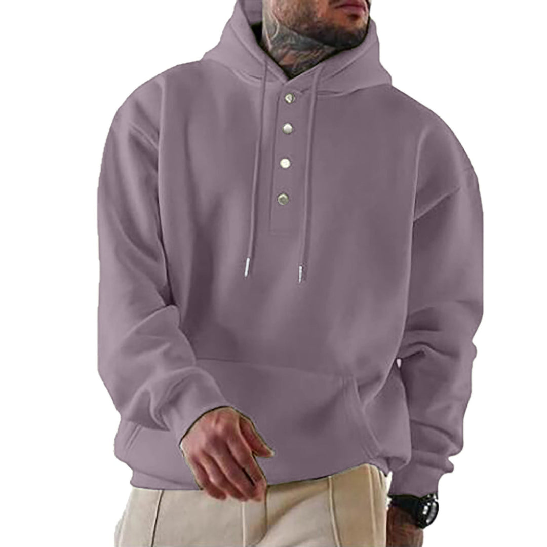 Męska bluza z kapturem z Henley Listwa guzikowa i kieszeń kangurka EB