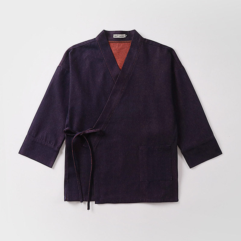 Unisex lekka kopertowa kimono kurtka made of len z bawełną Blend z kontrastowy Trim i wiązanym paskiem Lumaza
