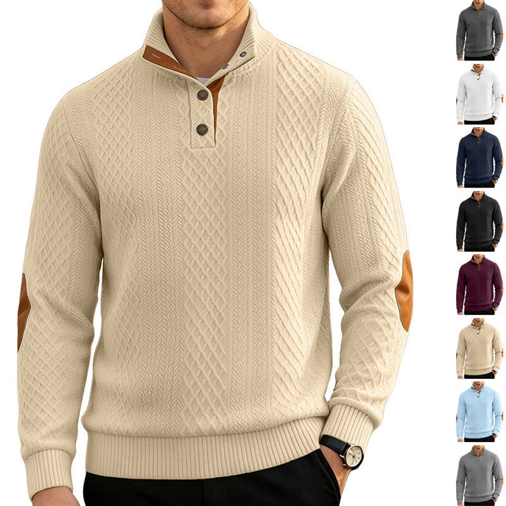 Męska Cable Dzianina Jumper z Stójka i Skóra Wygląd Elbow Patches