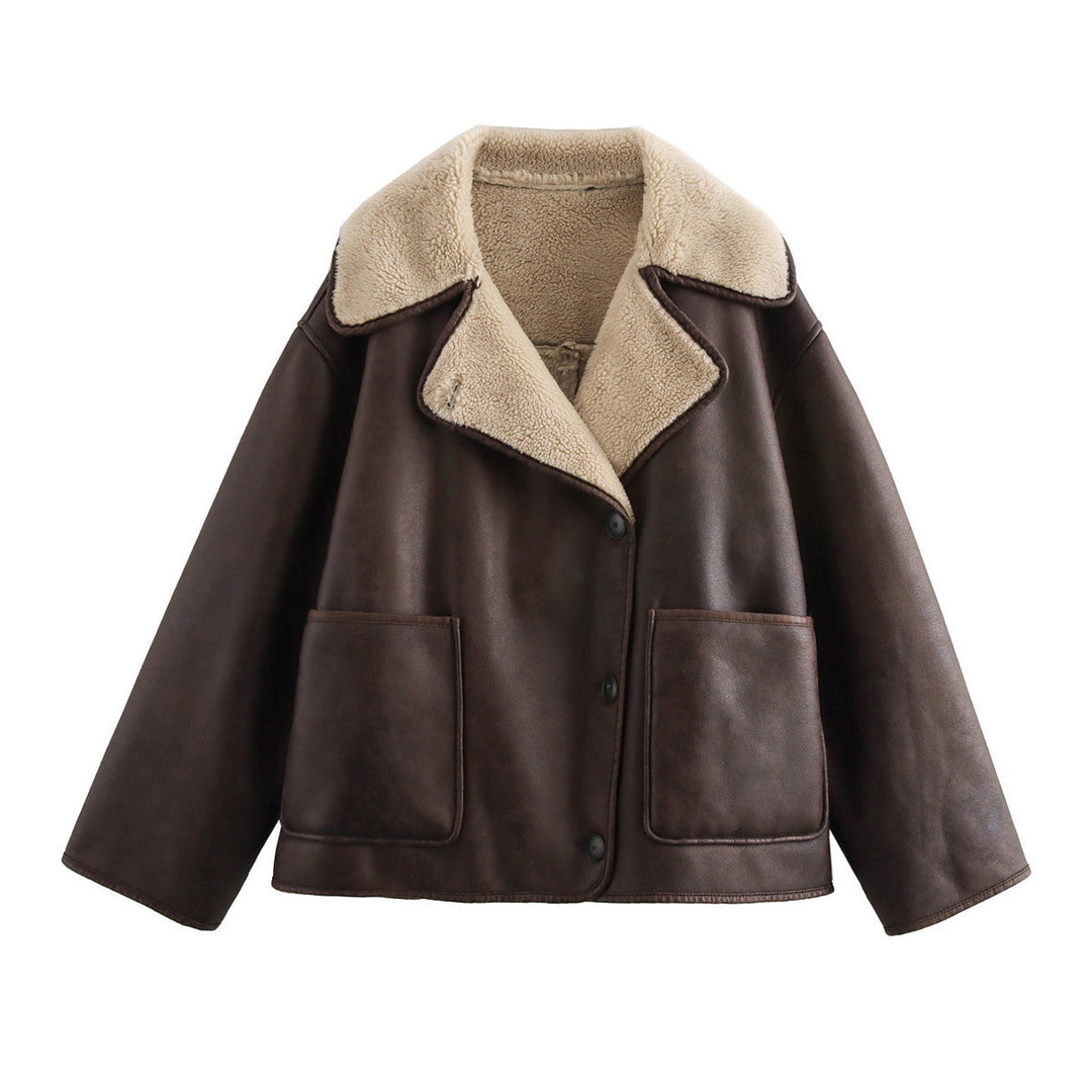 Damska krótka kurtka in aviator-look made of skórzany wygląd z teddy lining i z naszywanymi kieszeniami Lumaza