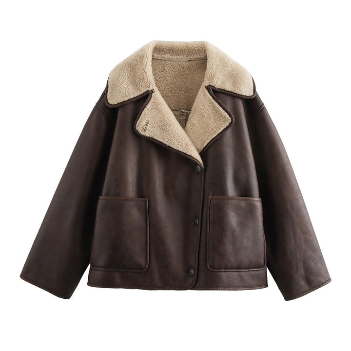 Damska krótka kurtka in aviator-look made of skórzany wygląd z teddy lining i z naszywanymi kieszeniami Lumaza