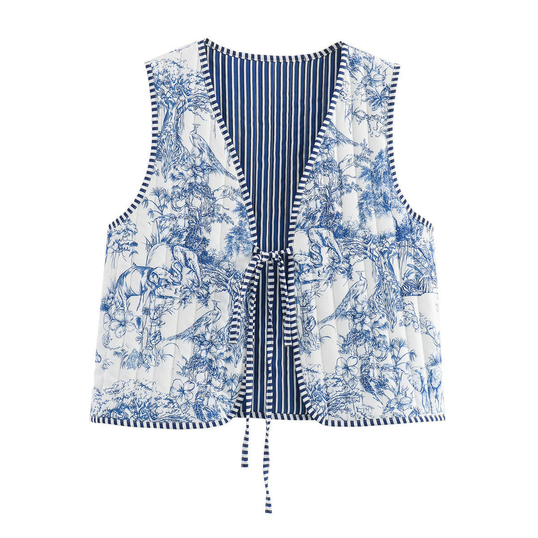 Damska pikowana Waistpłaszcz z Toile Print, Striped Lining i ściągaczem Lumaza