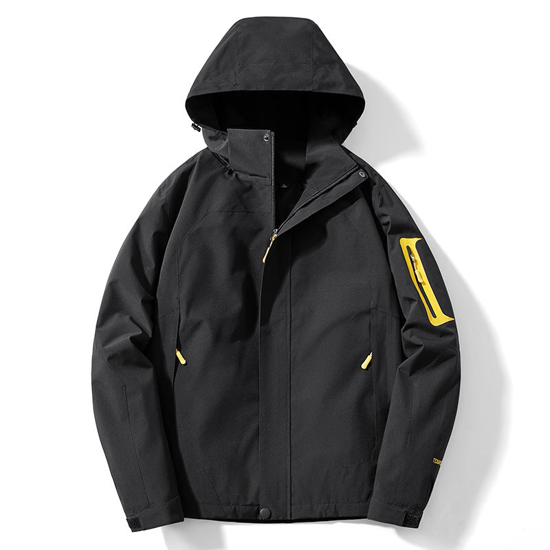 Męska technical softshell kapturemed kurtka z kontrastowy panels i zamkiemed rękaw kieszenią