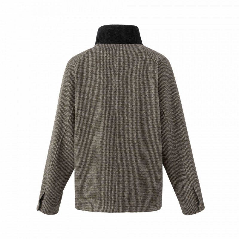 Męska Double-Breasted wełna Mix field kurtka w Houndstooth z Corduroy kołnierzem i kieszeniami z patkami
