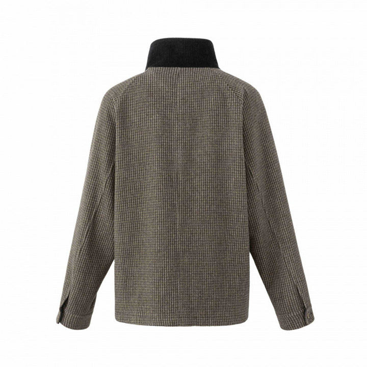 Męska Double-Breasted wełna Mix field kurtka w Houndstooth z Corduroy kołnierzem i kieszeniami z patkami