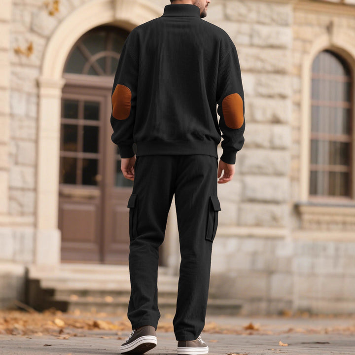Męska strukturalny turtleneck pulower z Stójka, press stud listwa, i welur elbow patches