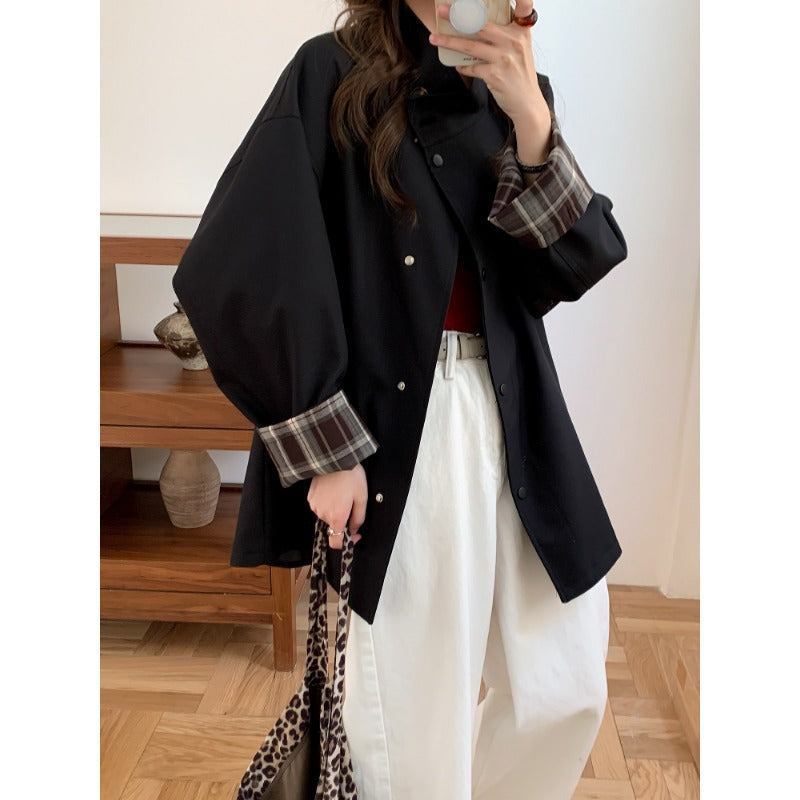 Damska oversize krótka kurtka z Snap listwą i Checked rękawem Cuff Lumaza