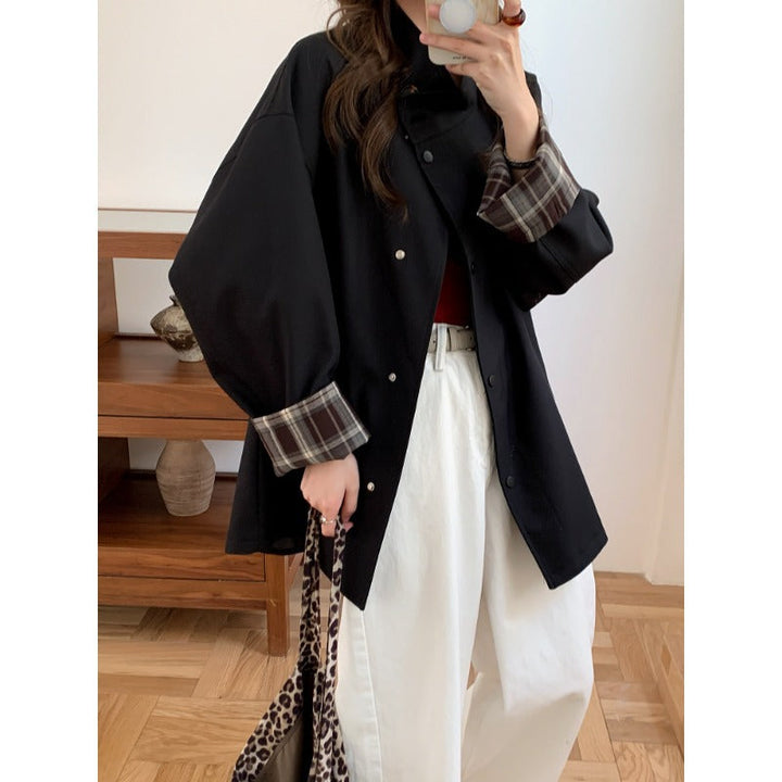Damska oversize krótka kurtka z Snap listwą i Checked rękawem Cuff Lumaza