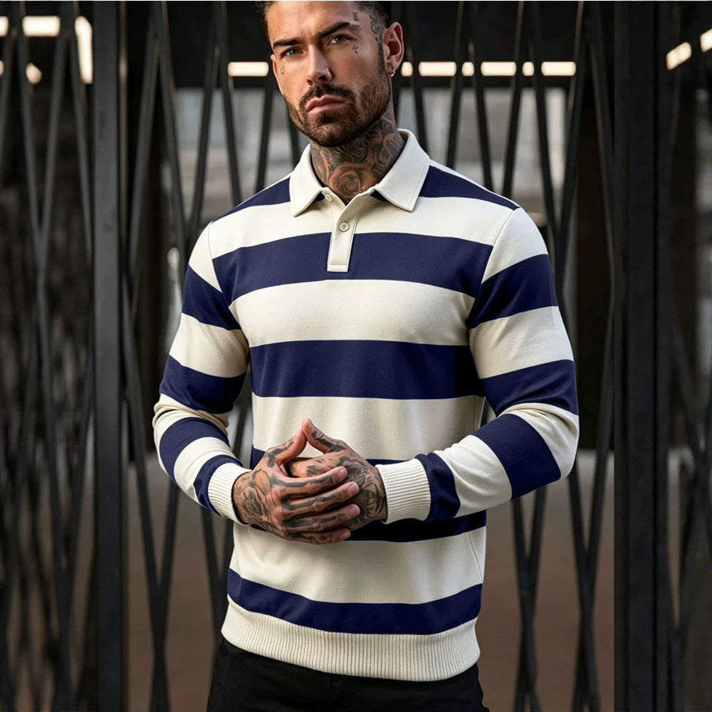 Męska striped rugby polo sweter z Listwa guzikowa i prążkowane mankiety