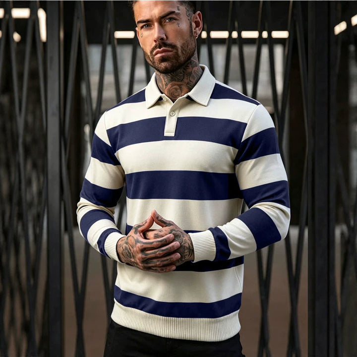 Męska striped rugby polo sweter z Listwa guzikowa i prążkowane mankiety