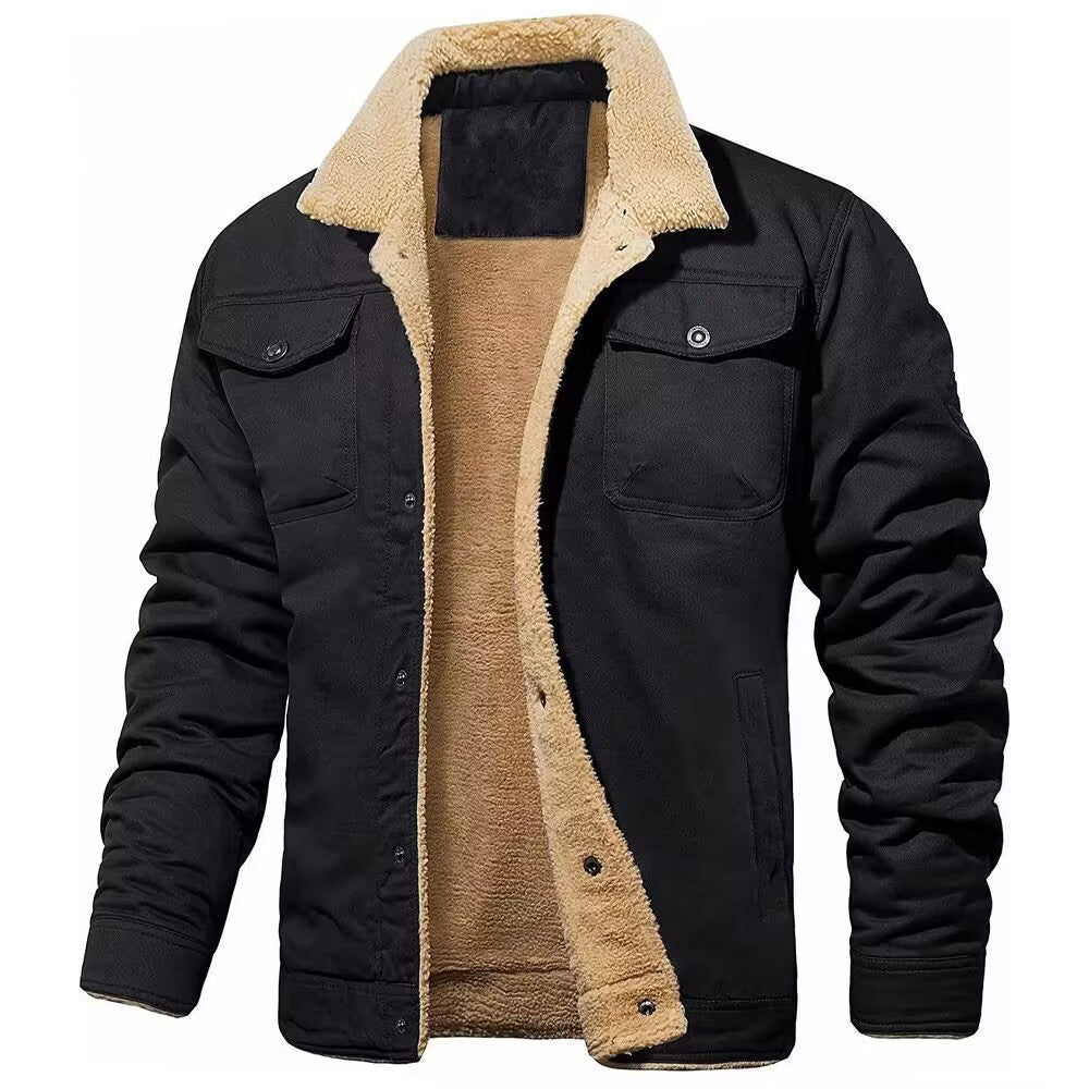 Męski solidny płótno blouson z full sherpa podszewka i kołnierz koszulowy