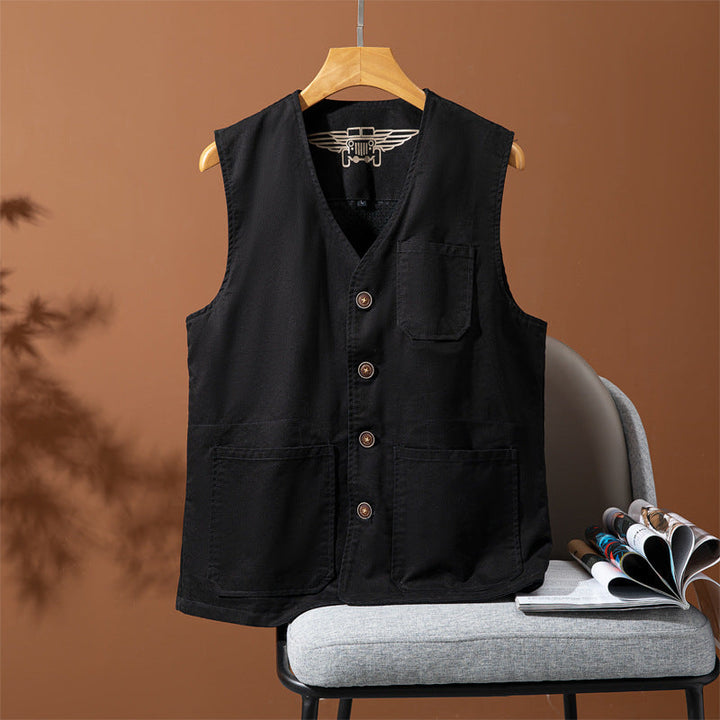 Męski Bez rękawów Utility Płótno Kamizelka z V-Neck, Guzik Placket, i Naszywane kieszenie