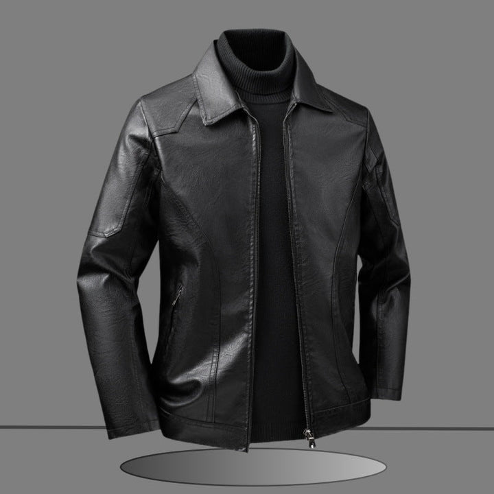 Męski dopasowany krój Imitacja skóry Kurtka w Minimalist Koszula Kołnierz Design z Ukryty Two-Way Zamek