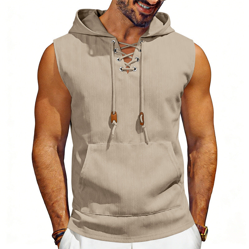 Męska sleeveless z kapturem kamizelka z lace-up V-neck, kieszeń kangurka, i Codzienny Krój