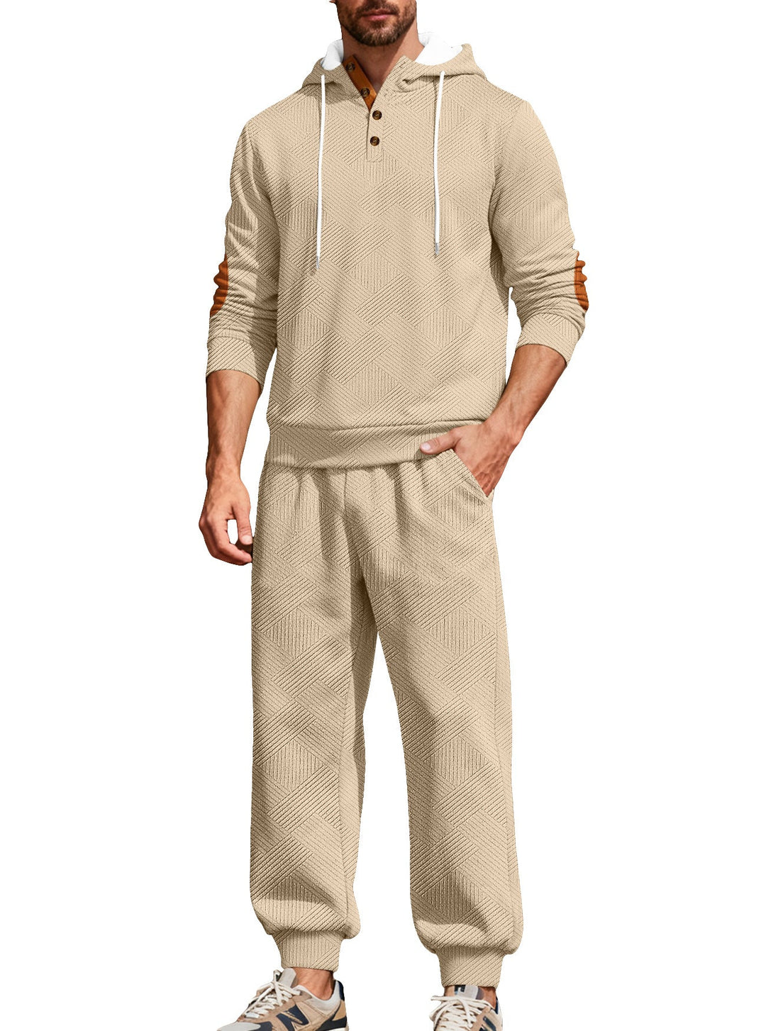 Męska textured bluza z kapturem jogging set z Henley Listwa guzikowa i kontrastowy elbow patches