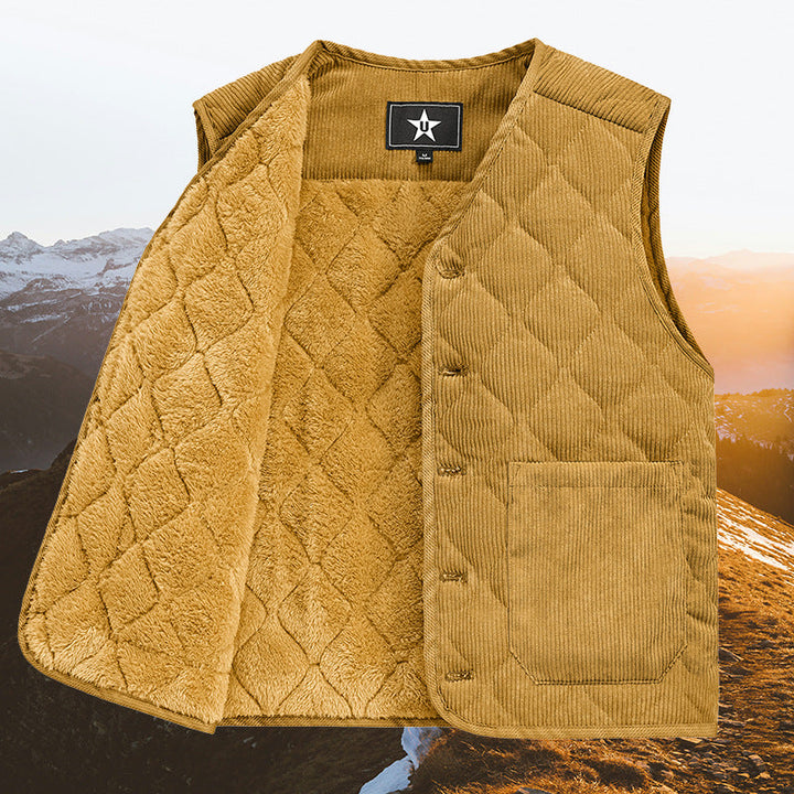 Męski sztruks kamizelka pikowana z V-neck, ocieplany stitching structure i naszywane kieszenie.