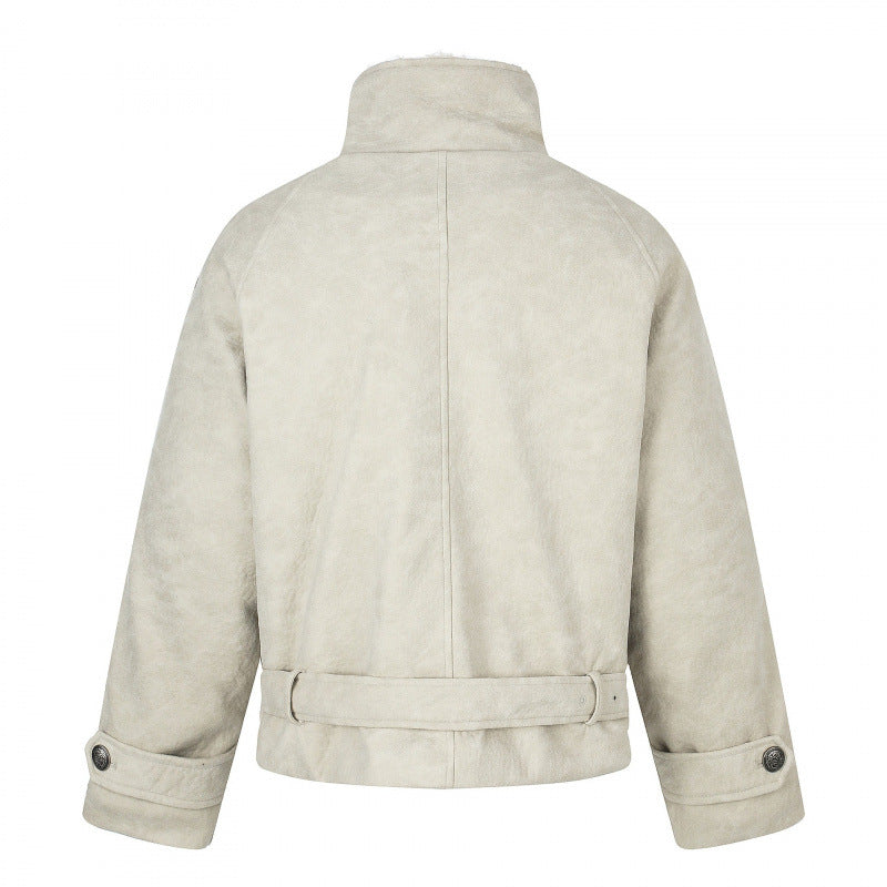 Męska krótka krój double-breasted aviator kurtka z teddy lwwg, stójką i waist belt
