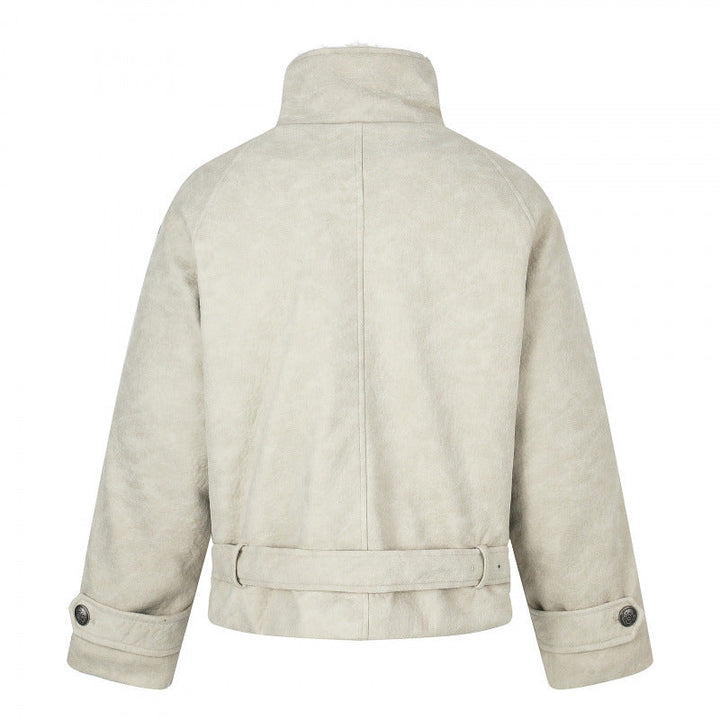 Męska krótka krój double-breasted aviator kurtka z teddy lwwg, stójką i waist belt