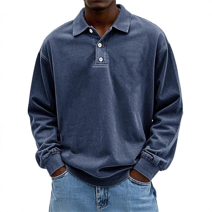 Męska Oversize Denim Wygląd Polo Bluza z Krótka Listwa guzikowa i Elastyczne mankiety EB