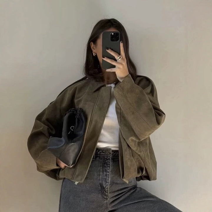 Damska oversize Suede Imitation krótka kurtka Lumaza