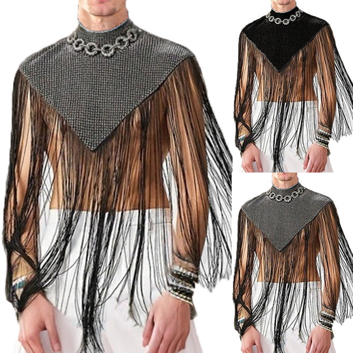 Damska długa z frędzlami cape z turtleneck i V-shaped wpuszczany