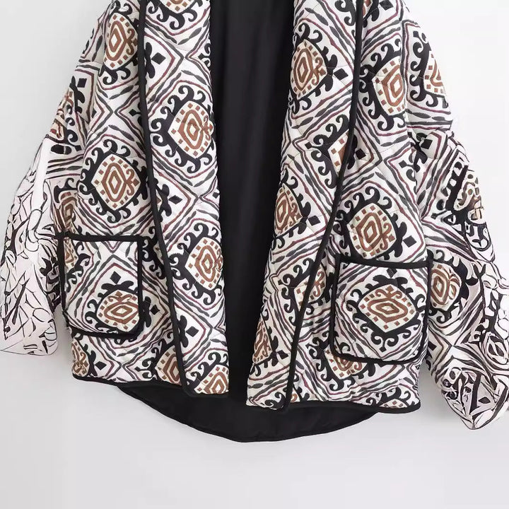 Damska pikowana kimono kurtka z Waist paskiem i Ethno Pattern
