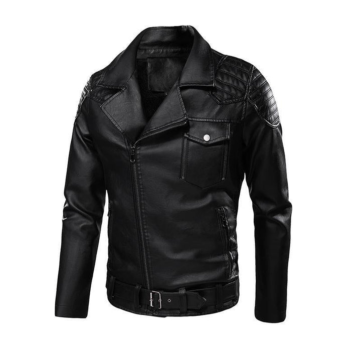 Męski imitacja skóry biker kurtka z ramienny pikowanie, asymmetric zamek, i regulowany belted waist