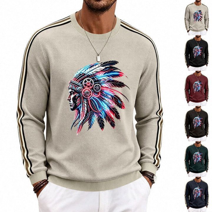 Męska bluza z feather headpiece print, waffle structure i contrasting shoulder stripes