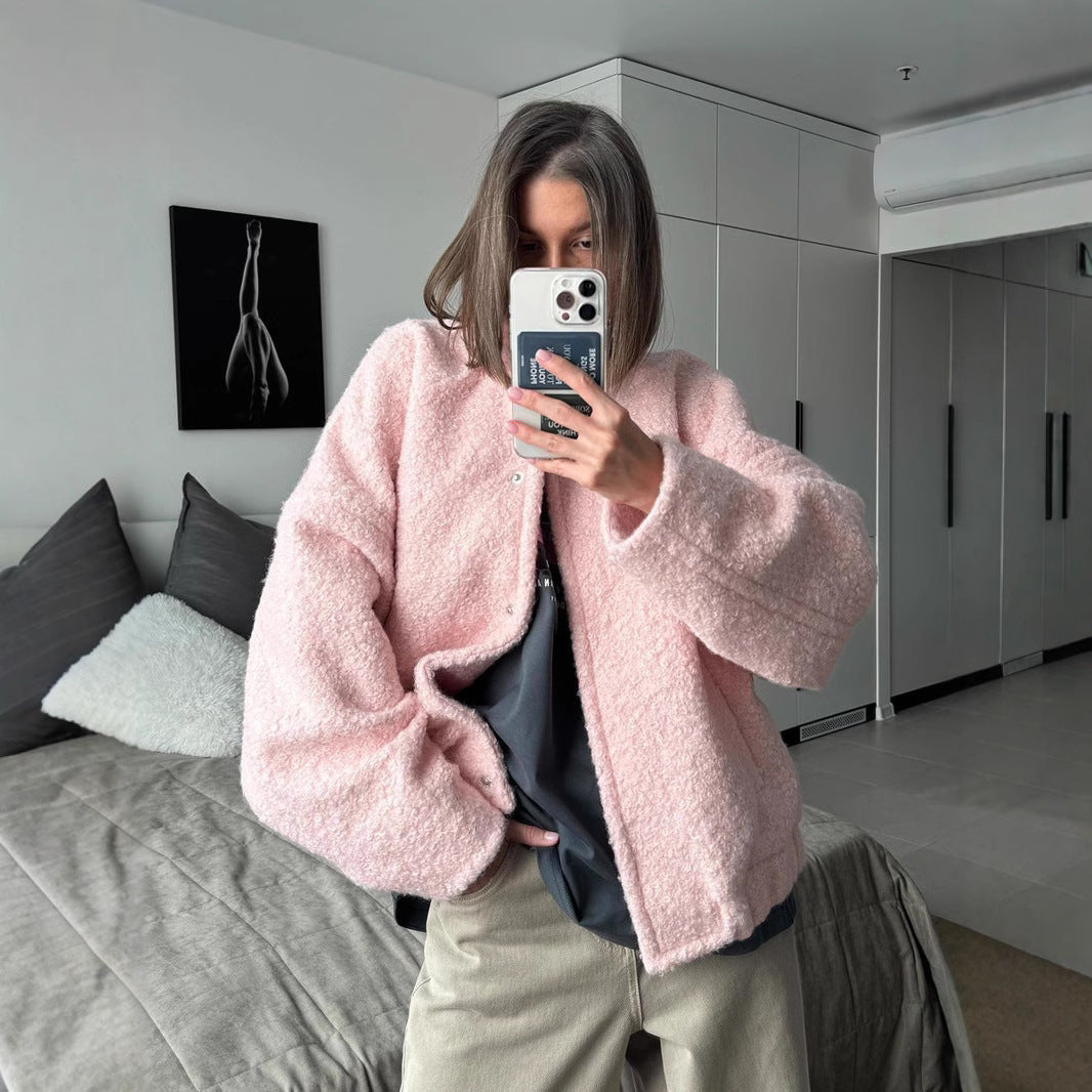 Damska teddy kurtka in bouclé look z round neck, oversize krój i insert kieszeniami Lumaza