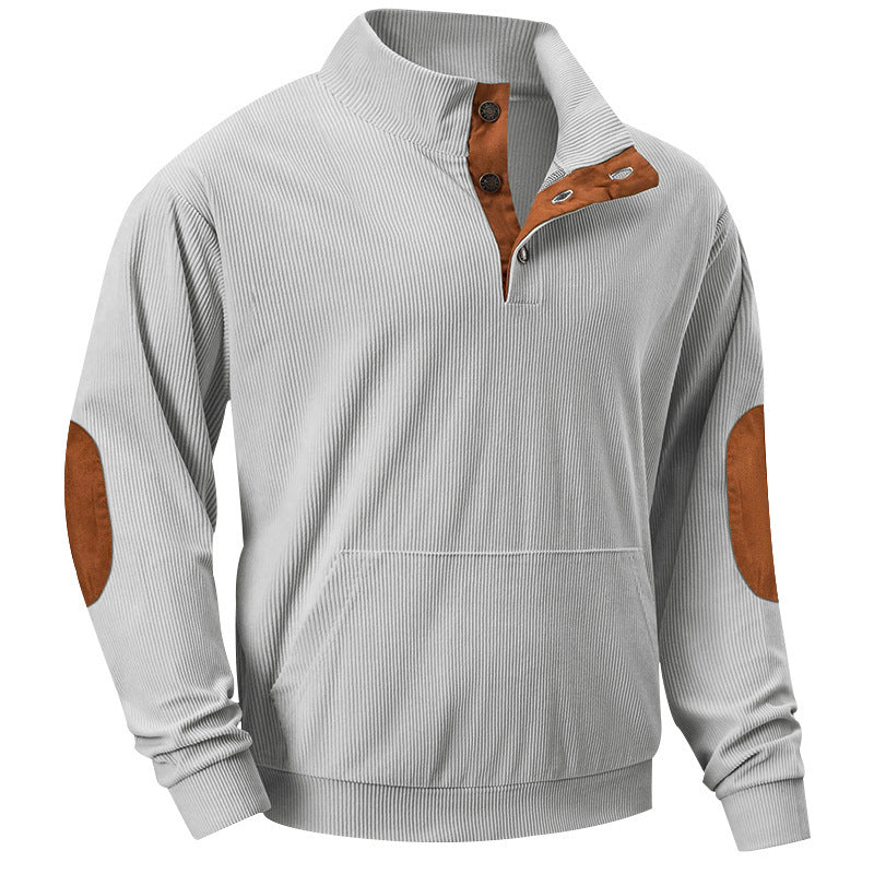 Męska dzianinowa Stójka bluza z Listwa guzikowa, kieszeń kangurka i aksamit elbow patches