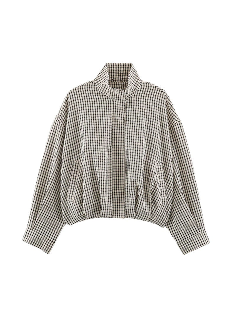 Damskie Oversize Checkered Bluzon Kurtka z Stójka