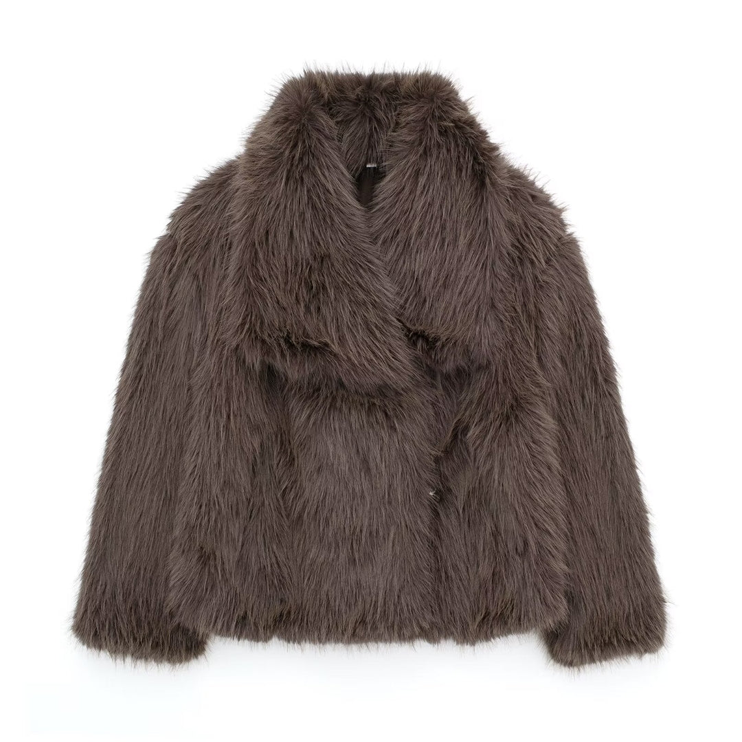 Damska krótka Faux Fur kurtka z Voluminous Shawl kołnierzem Lumaza
