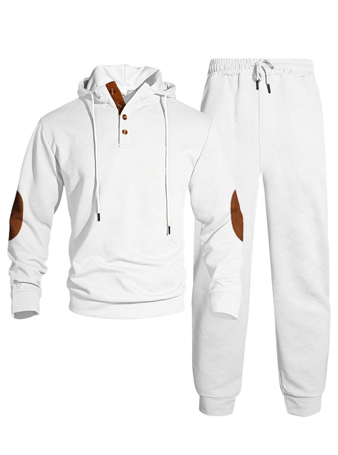 Męska waffle structure Henley bluza z kapturem set z wooden Listwa guzikowa elbow patches i tapered joggery