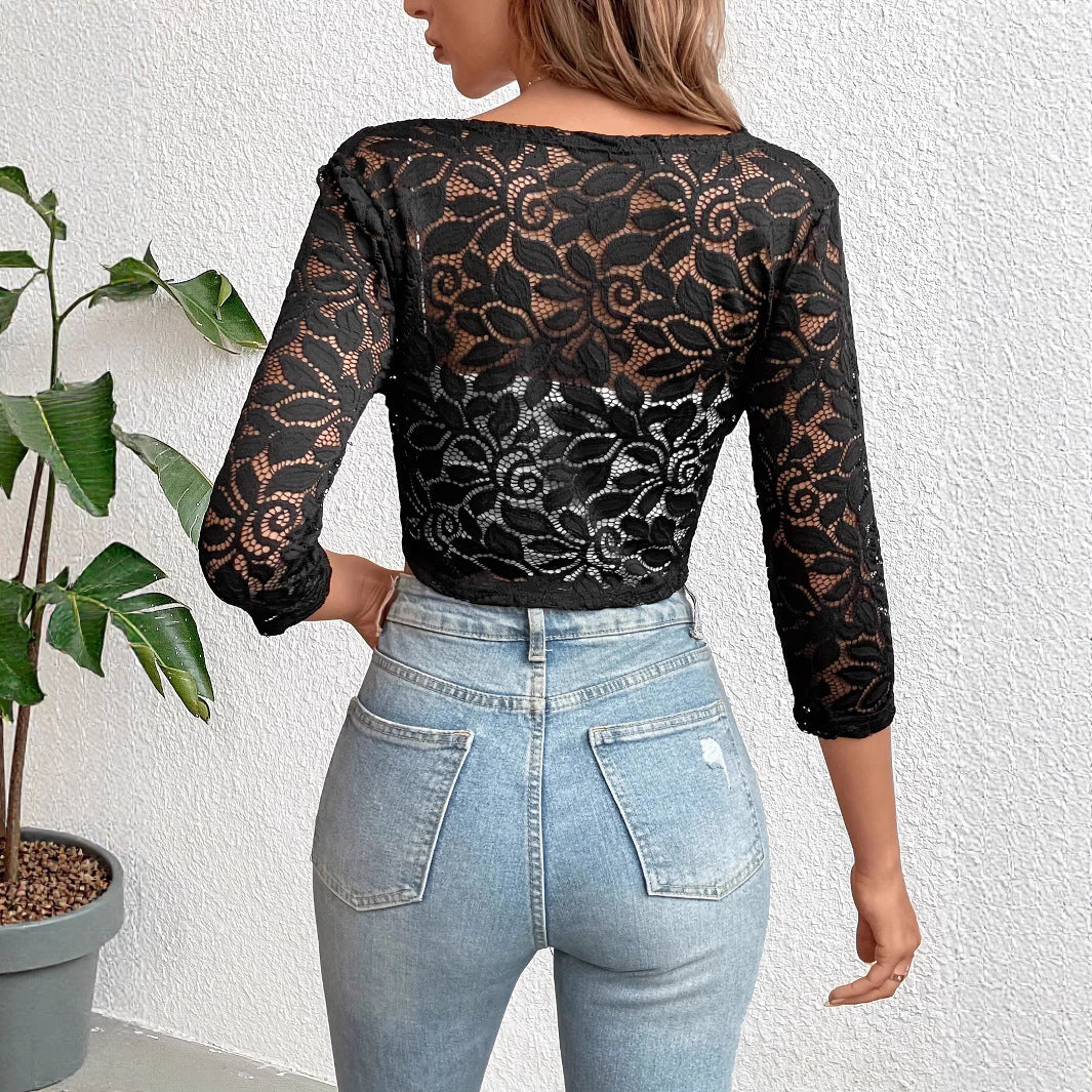 Damska krótka lace bolero kurtka z three-quarter Rękawy i curved lace edge