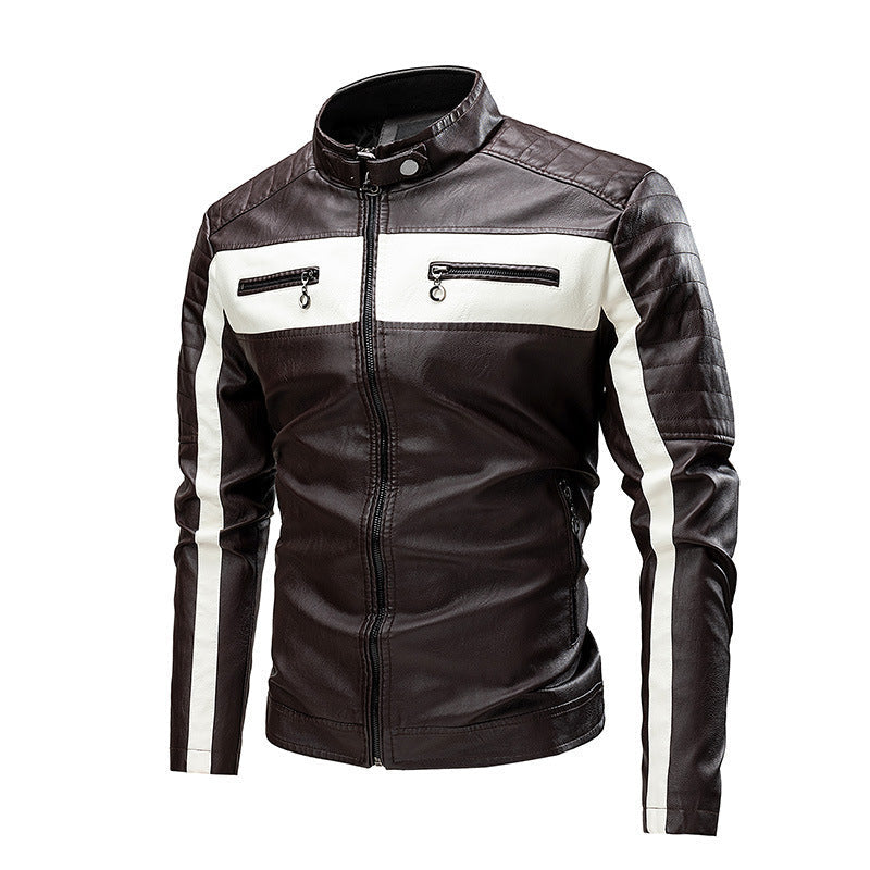 Męska pikowana Biker kurtka z imitacja skóra z kontrastowy Stripes i stójką