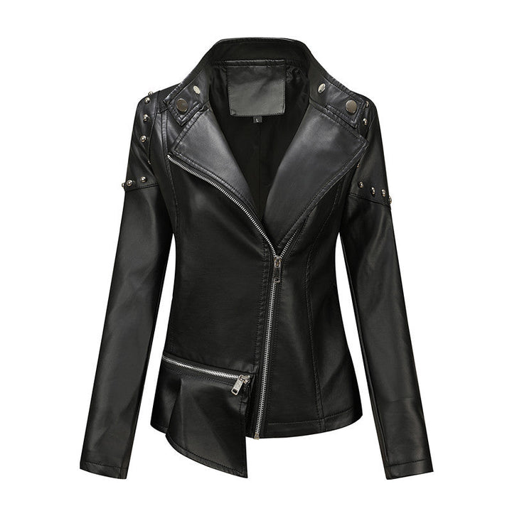 Damska Asymmetrical imitacja skóry Biker kurtka z Studs &amp; Asymmetrical zamkiem błyskawicznym Lumaza