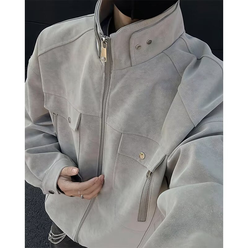 Męski Oversized Suede-Look Utility Kurtka z High Stójka