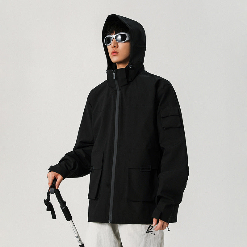 Męski Oversize Utility Kurtka z Technical Softshell, Kaptur i Wiele Kieszenie