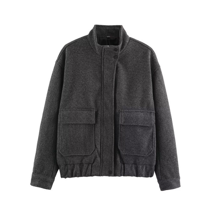 Damska boxy Wool Blouson z ze stójką, dużymi klapką kieszeniami i Elastic dołem Lumaza