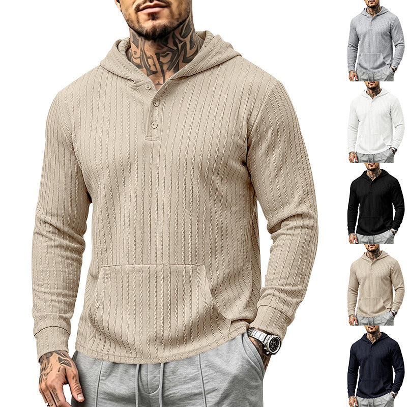 Męska Strukturalny Bluza z kapturem z Henley Kołnierz i Kieszeń kangurka