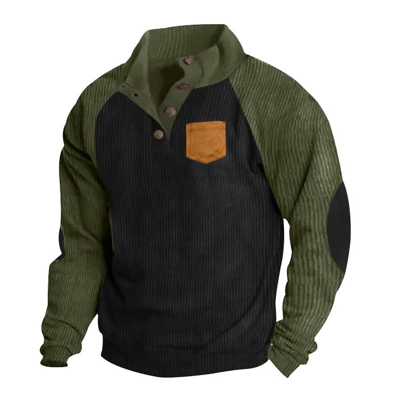 Męska Prążkowany Henley Sweter z Raglanowy Rękawy, Elbow Patches &amp; Klatka piersiowa Kieszeń