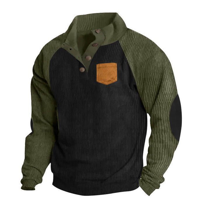 Męska Prążkowany Henley Sweter z Raglanowy Rękawy, Elbow Patches &amp; Klatka piersiowa Kieszeń