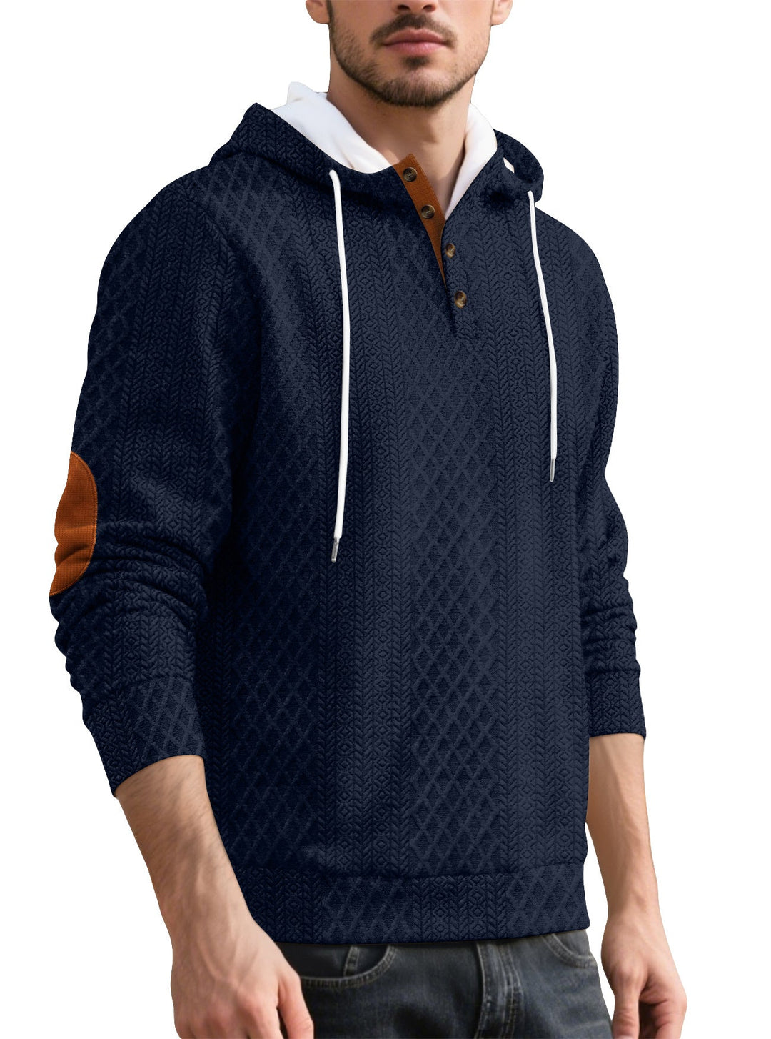 Męska nan diamond structure bluza z kapturem z krótka Listwa guzikowa, pikowana kaptur wewnętrzny edge, i zamsz elbow patch