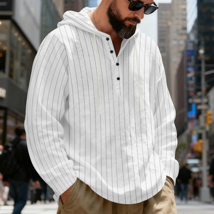 Męska Lekka Bluza z kapturem Henley Koszula z Delikatna Pinstripes