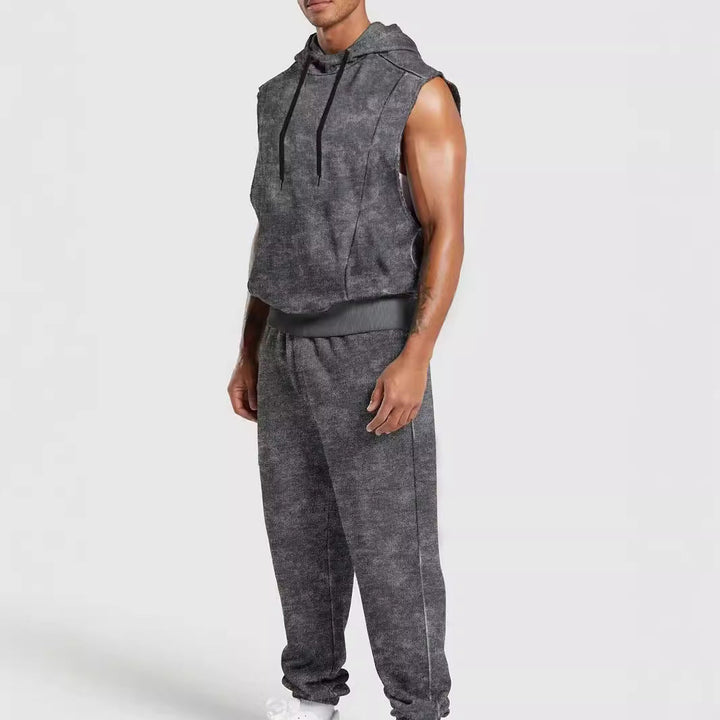 Męska sleeveless z kapturem sweat set w welur wygląd z elastyczny joggery i prążkowane mankiety