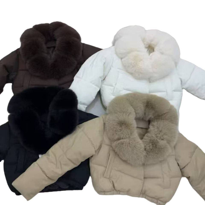 Damska krótka pikowana krótka puchowa kurtka z voluminous faux fur kołnierzem Lumaza